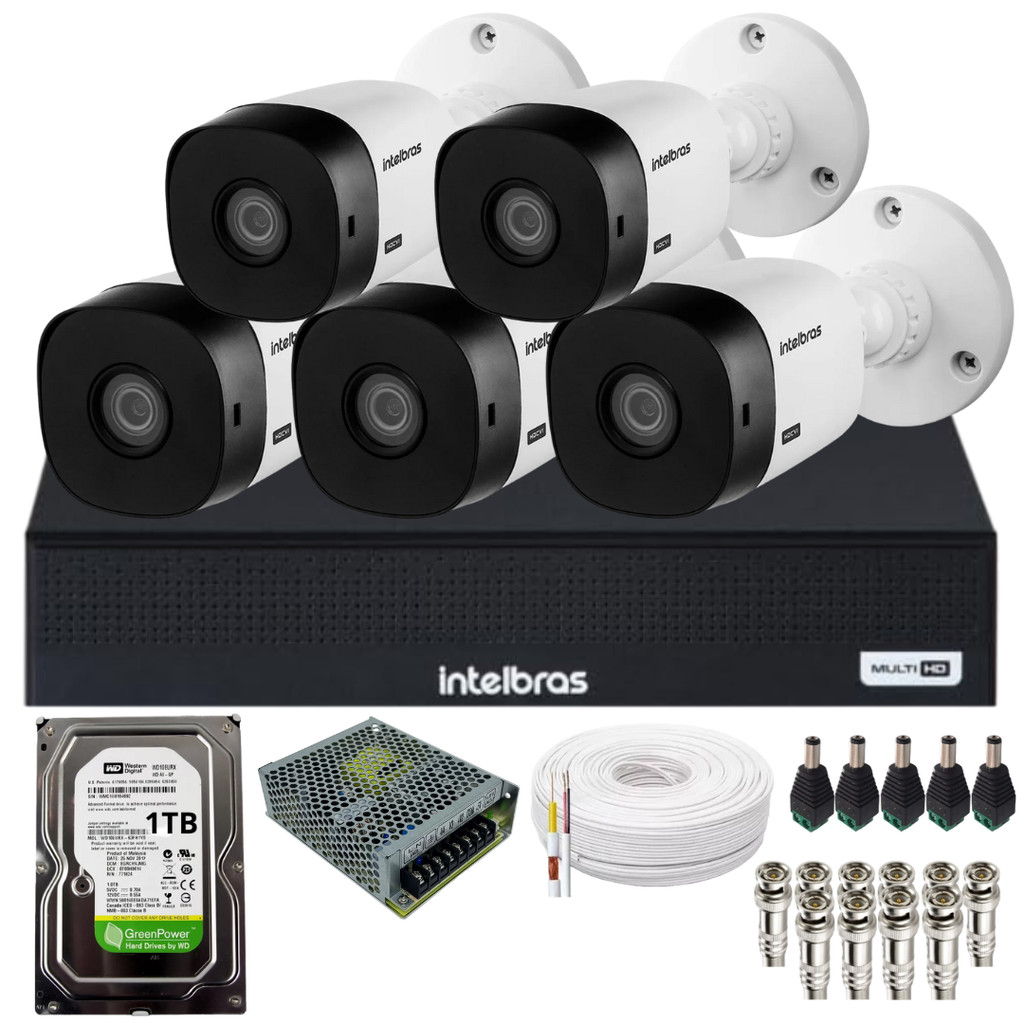 Kit Cftv Intelbras 5 Câmeras Full HD 1220b Intelbras Dvr Intelbras 08 Canais 1108-c C/Hd