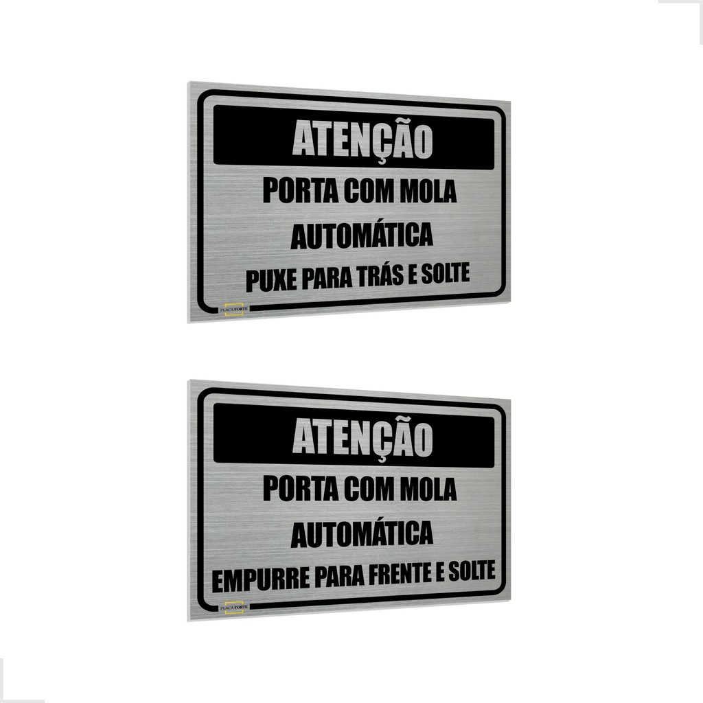 Kit 2 Placas Sinalização Atenção Porta Com Mola Automática Puxe Empurre 20x15cm em Oferta na Shopee