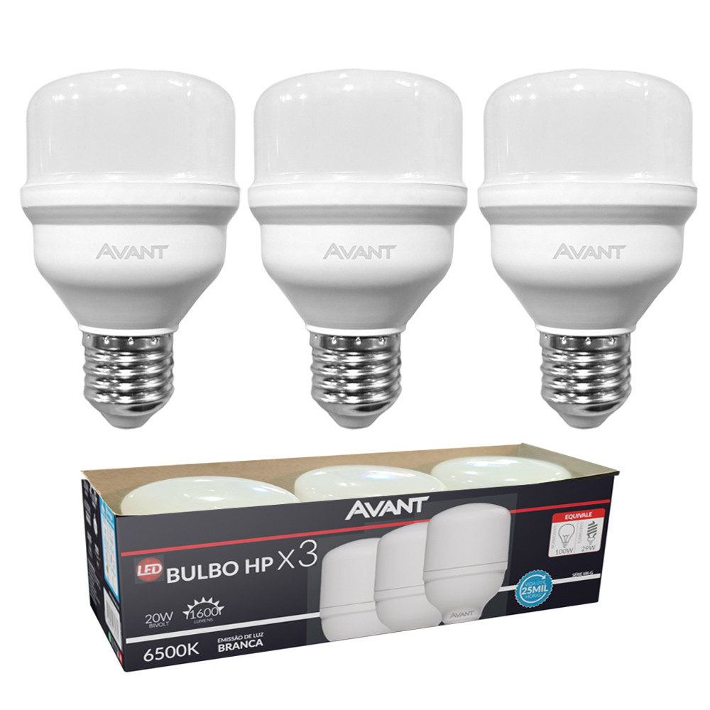 Kit 3 Lâmpadas LED Bulbo HP Avant 20W E27 6500K Bivolt Luz Branca Fria Alta Potência