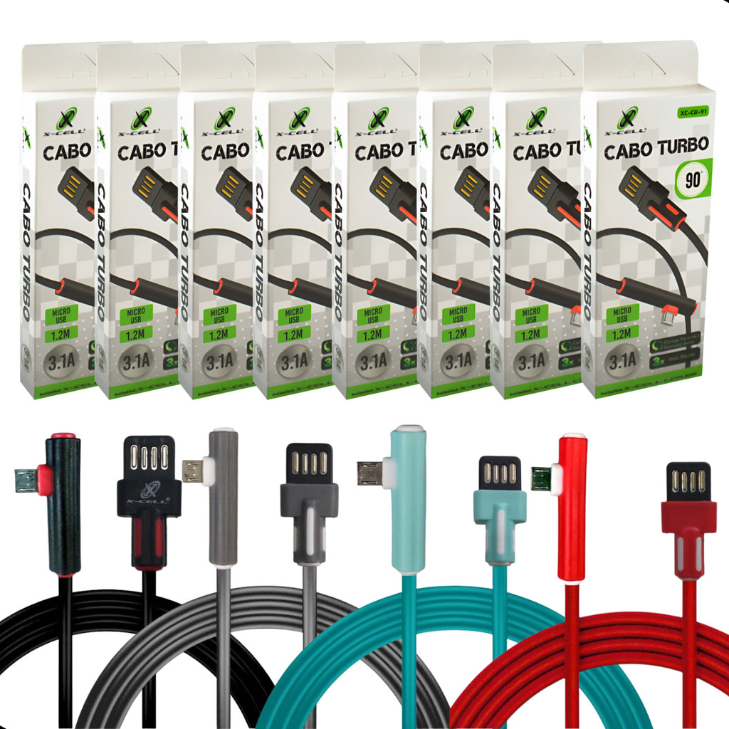 Kit 8 Cabos Micro Usb Turbo e Dados 90° Atacado Revenda Barato C/Nf