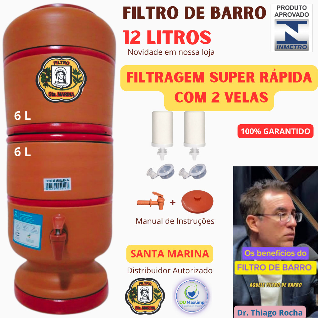 FILTRO DE BARRO 12 LITROS (6L X 2) FILTRAGEM SUPER RÁPIDA - 2 VELAS - COMPLETO