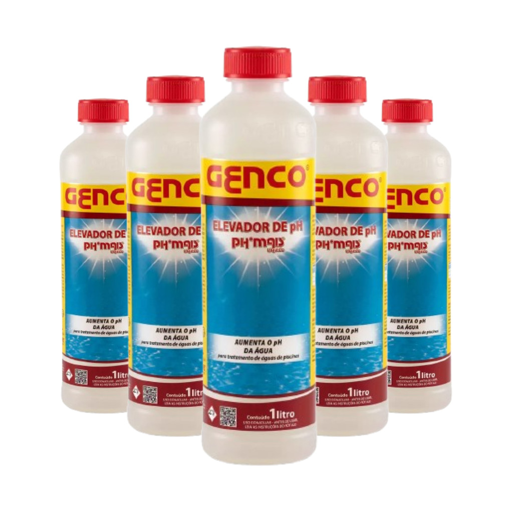 Kit 5 Elevador de PH PH+ 1 Litro Genco Tratamento Piscina