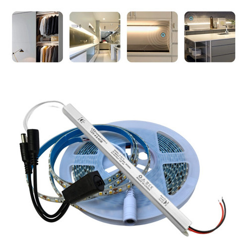 Fita 120 Led/m 12v 5m Branco Frio 6000k + Sensor Preto P/ Porta Armário + Fonte Barra Slim