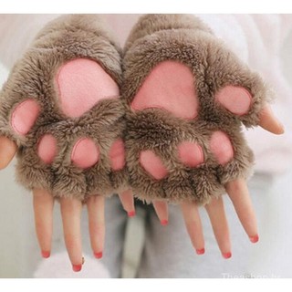 Um Par De Luvas Femininas De Pelúcia Com Garra De Urso Macio E Meio Dedo Luvas De Pata De Gato