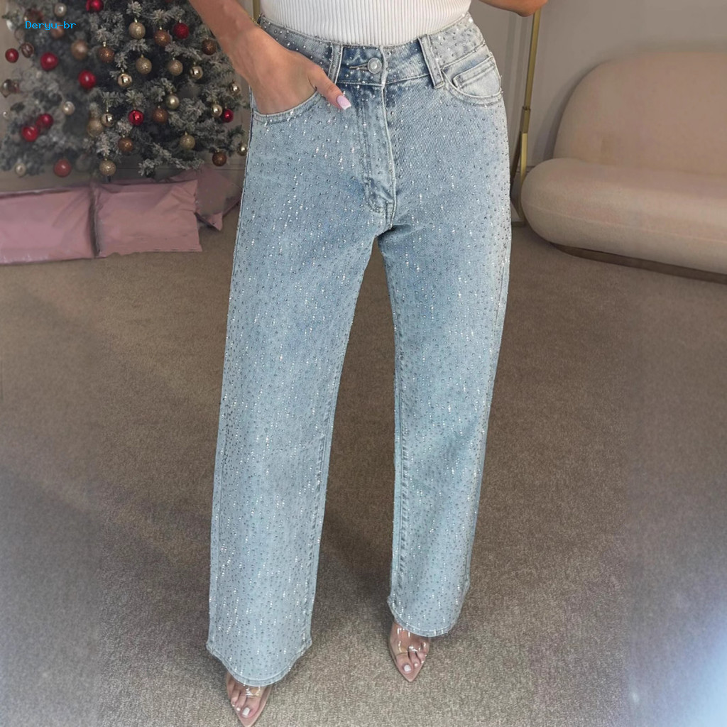High Waist Straight-leg Jeans Women Loose Fit Stylish Faux Pearl Denim Pants for Perfect f...