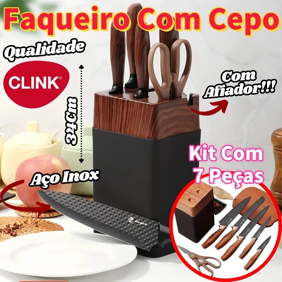 Faqueiro Com Cepo 7 Peças Facas De Aço Inox E Tesoura Suporte Com Afiador Luxo De Cozinha Clink