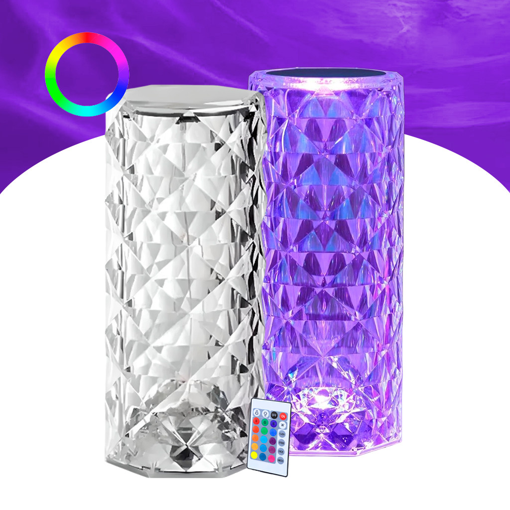 Luminária Abajur LED RGB Rose Diamond 16 Cores USB Controle Remoto Cristal Romântico Projetor Mesa