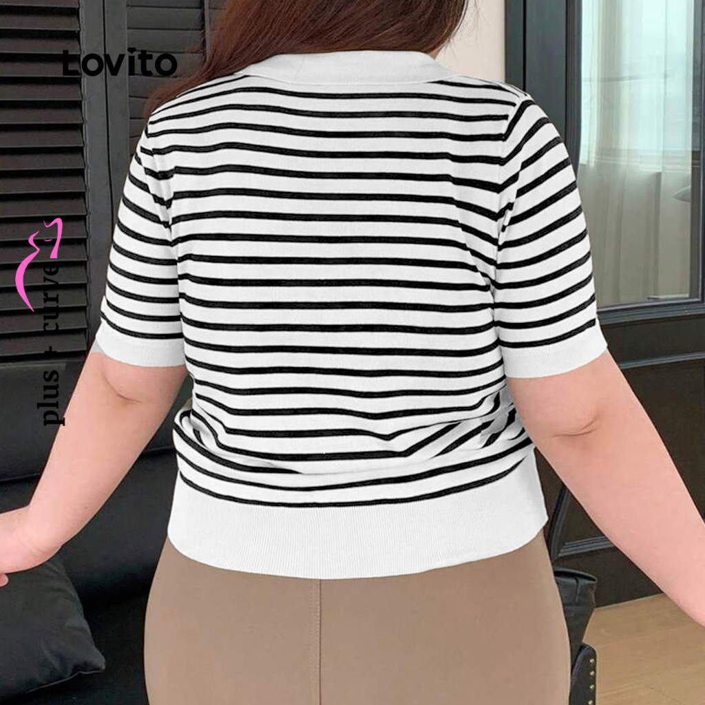 (Trendy) Lovito Camiseta Feminina Casual Listrada Colorblock Plus Size Curva LBL24589