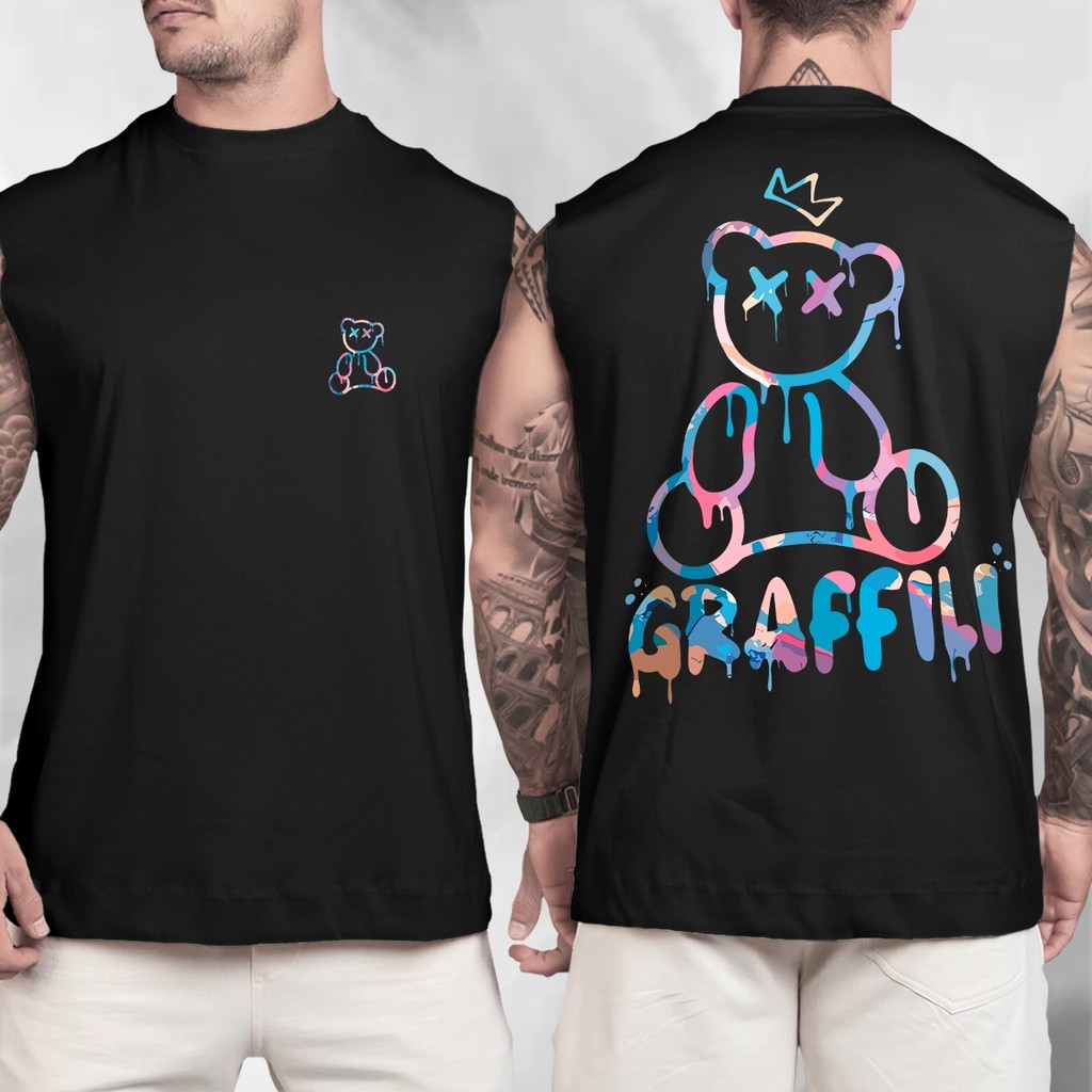 Camiseta Regata Oversized Streetwear 100% Algodão Estampada Graffili Bear em Oferta na Shopee