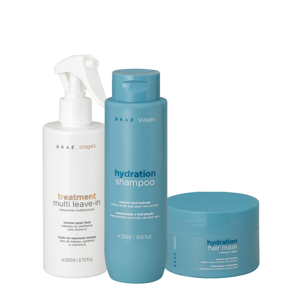 Kit Braé Stages Hydration Shampoo Máscara Multi Leave-in (3 produtos) em Oferta na Shopee