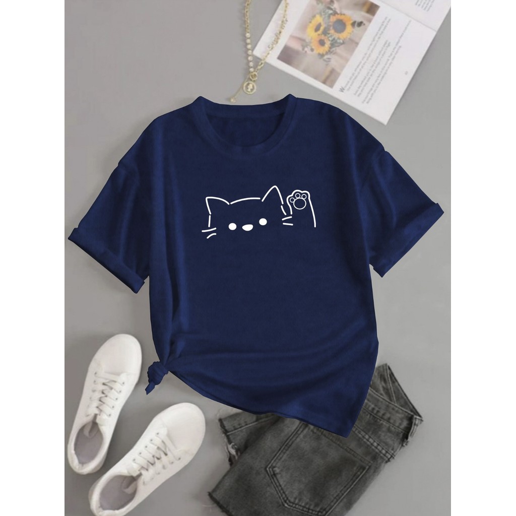 Camiseta Linhas Traços Gato Estampa Waving Black Happy Oversized Unissex Gatinho Fofo Minimalista