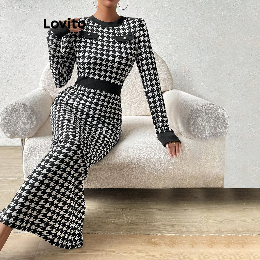 Lovito Vestido elegante de bolso falso Houndstooth Colorblock para mulheres LNL59031 - Women Clothes