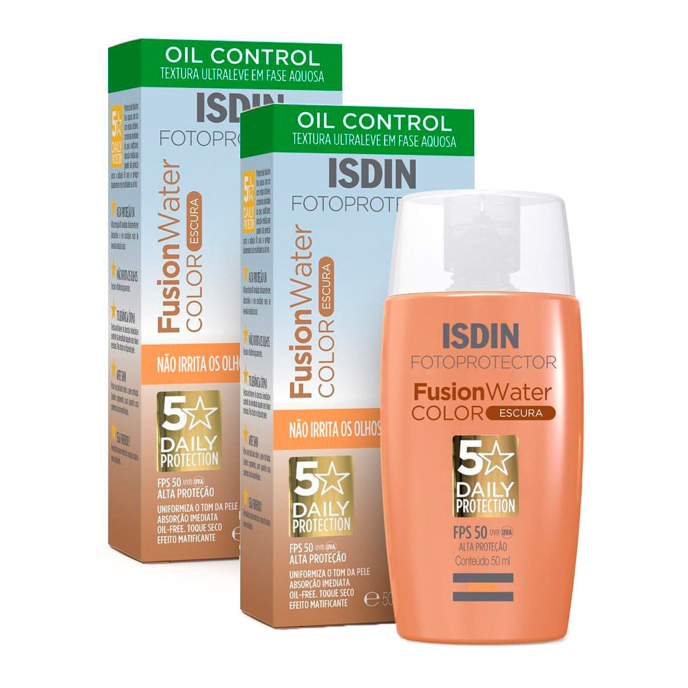Kit 2 Protetor Solar Facial Isdin Fusion Water 5 Stars Color FPS 50 Cor Escura 50ml