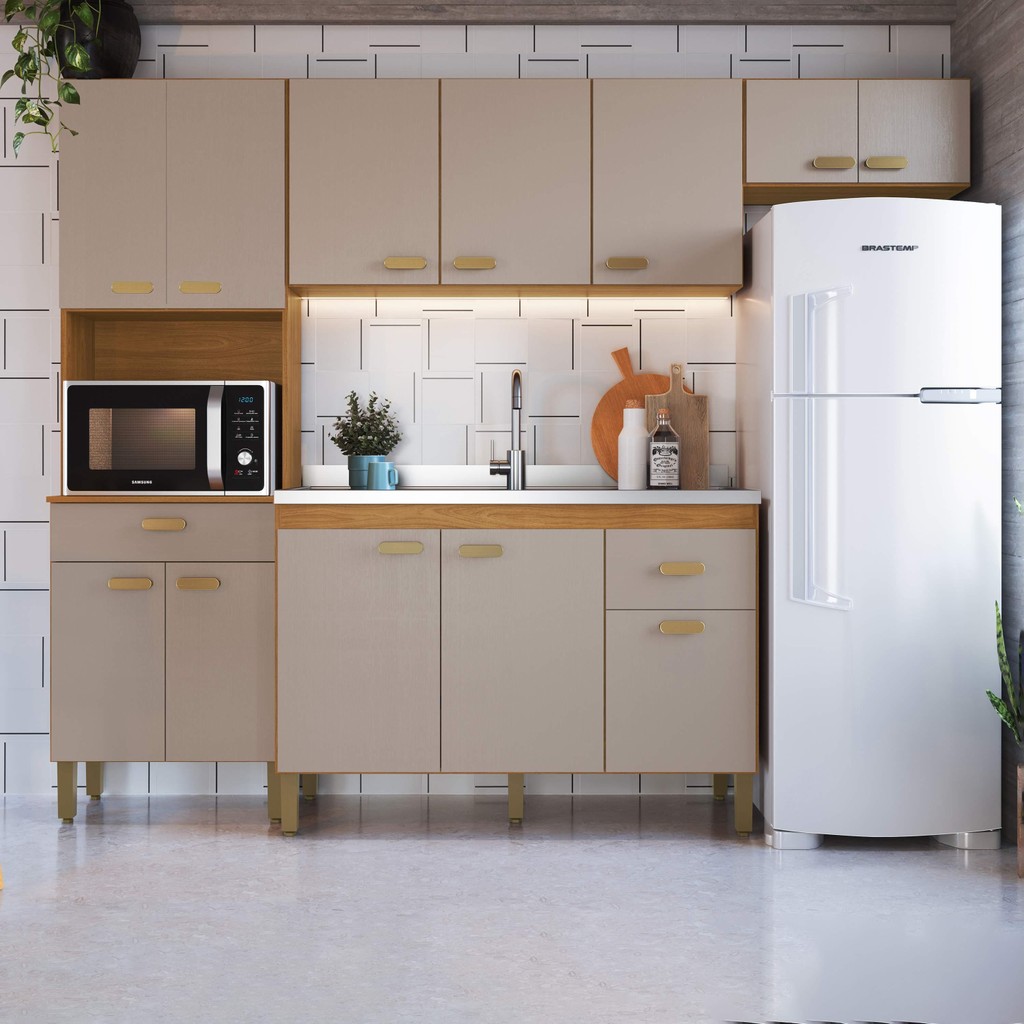 Cozinha Modulada Compacta Fidelitá Mariana 4 Peças 250cm 12 Portas 2 Gavetas Sem Tampo Freijó/Camurça em Oferta na Shopee