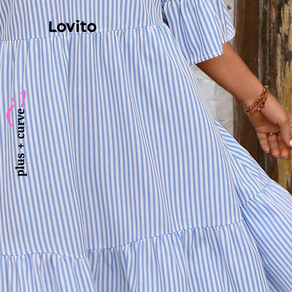 (Trendy) Lovito Vestido Casual Curva Plus Size Listrado Vestido De Verão/Primavera Para Mulheres LNL73278 - Women Clothes