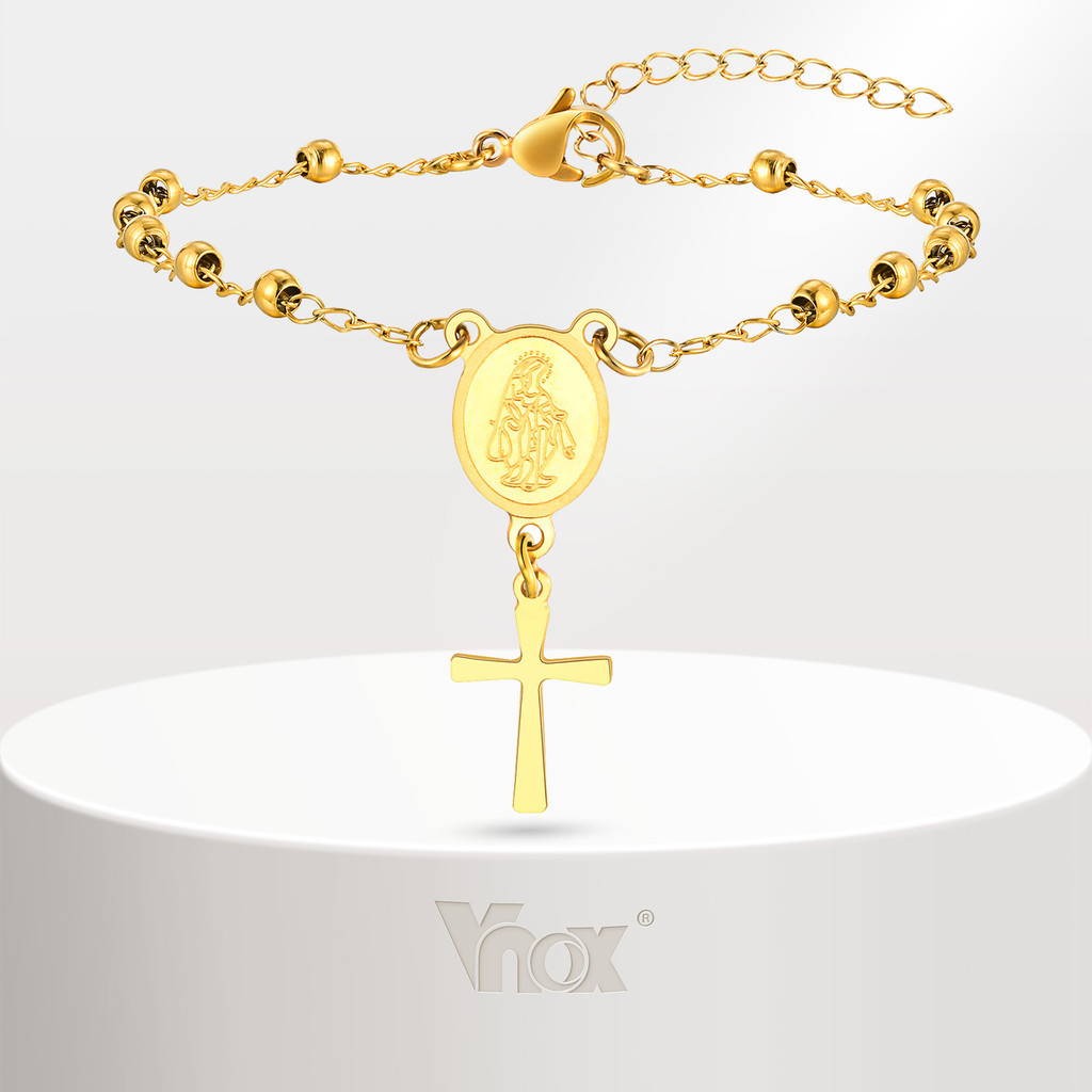 Vnox Virgem Maria Grânulo Cruz Corrente Pulseira Para Mulheres De Aço Inoxidável Oração Religiosa Ajustável Jóias Cristã em Oferta na Shopee