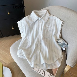 Lovito Blusa casual listrada com botão frontal Padrão para mulheres LNE60557 em Oferta na Shopee