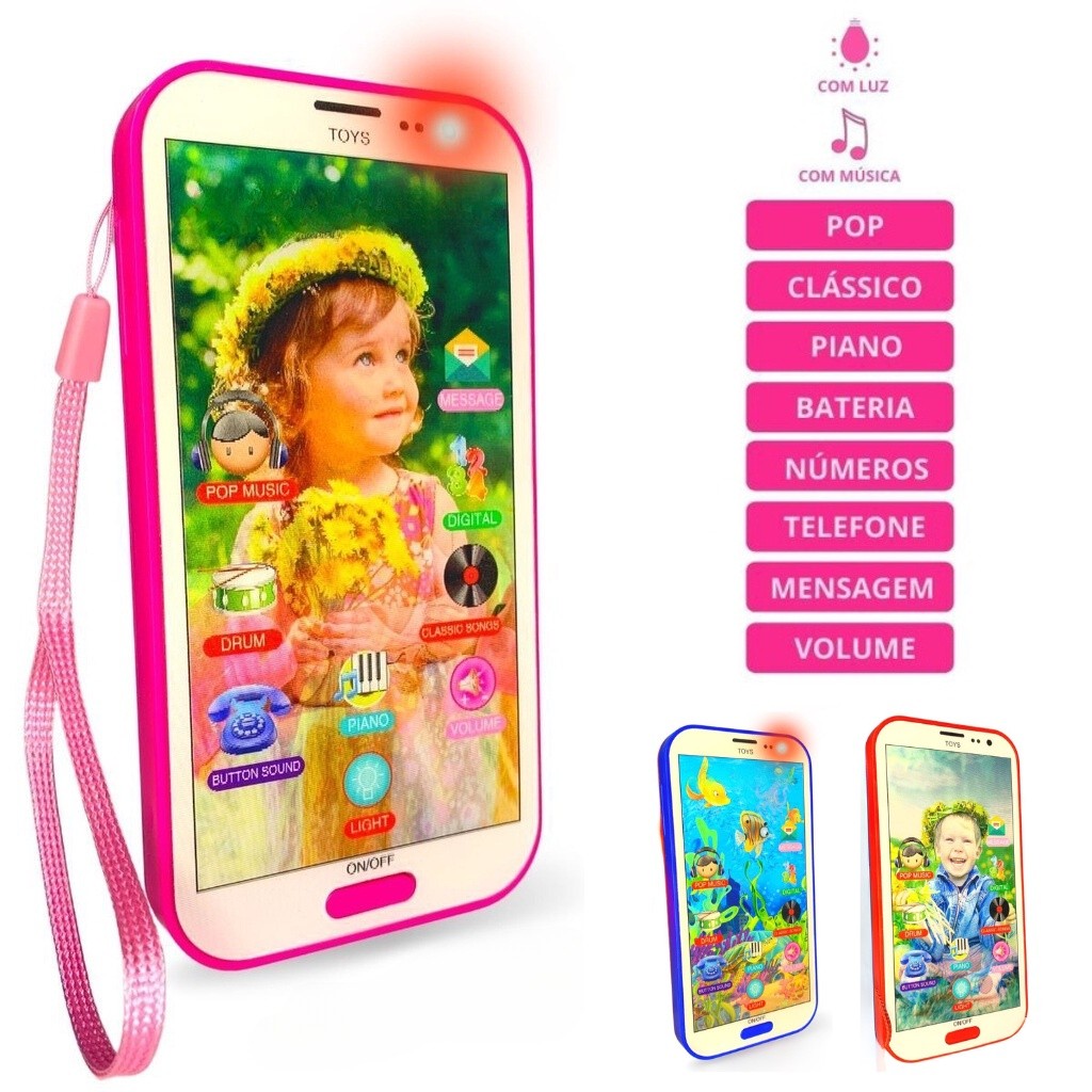 Kits de Brinquedo celular infantil musical com imagem 3D Smartphone para crianças com luz e som