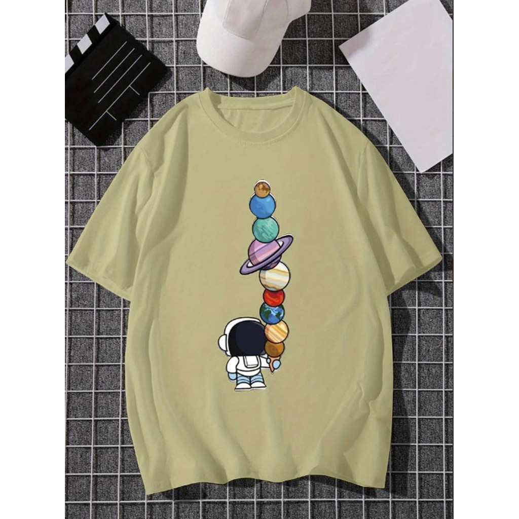 Camiseta Amarelo Planetas Estampa Moderna  Confortável Astronauta Unissex Estampada Oversized