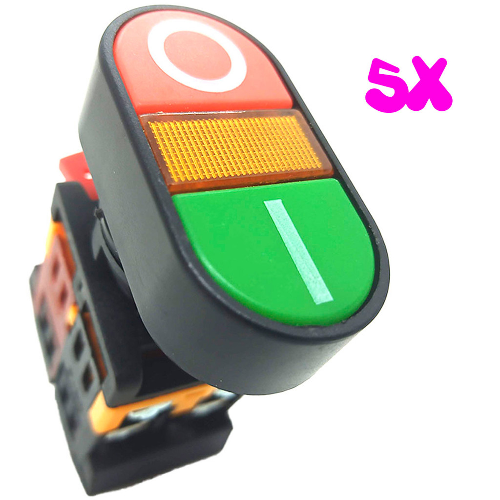 Kit 5 Botão de Comando Liga Desliga Elétrico Duplo com Iluminação 1na 1nf Pulso Apbb
