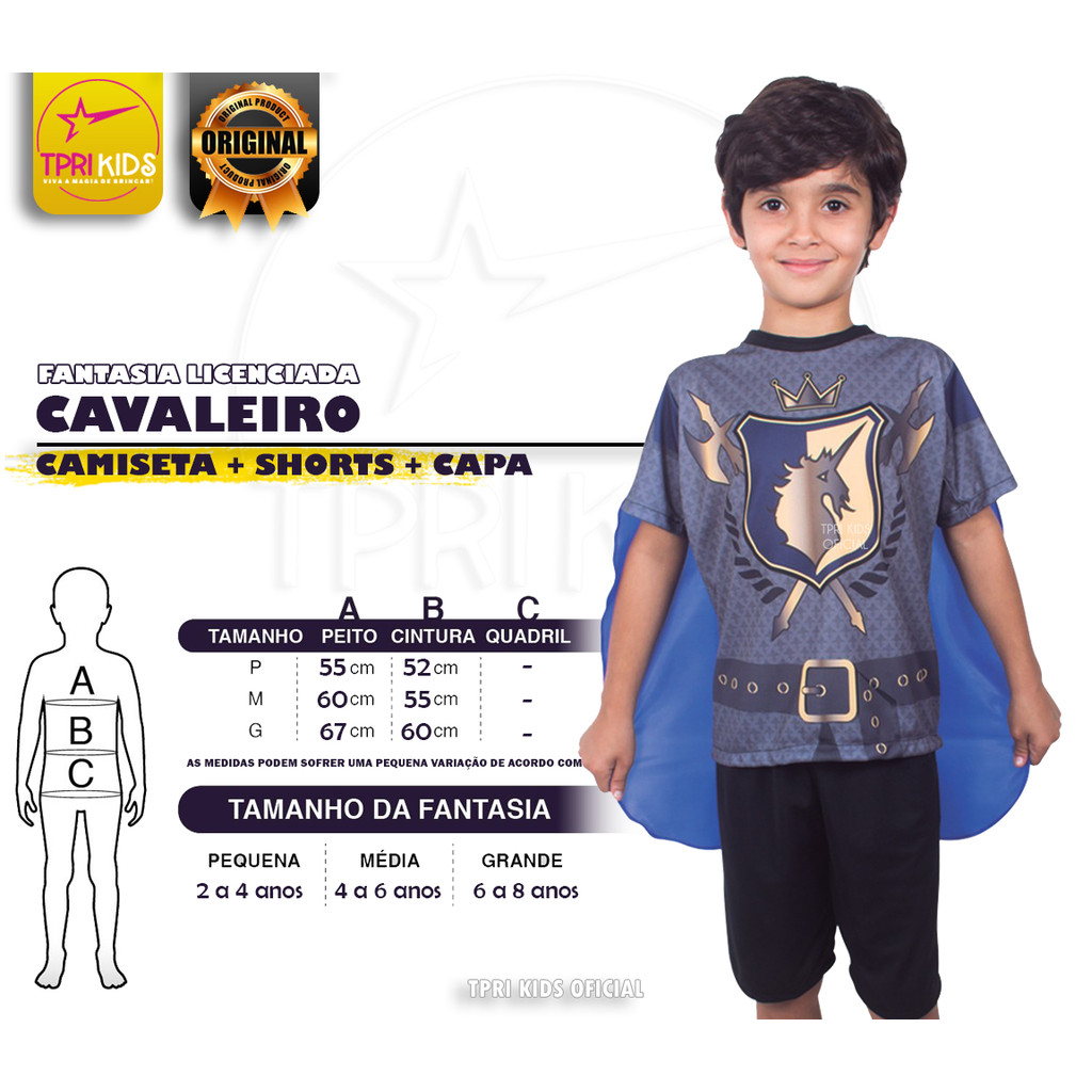 Fantasia Infantil Menino Cavaleiro + Capa Halloween Camiseta Bermuda Festa Temática Carnaval Top Bom