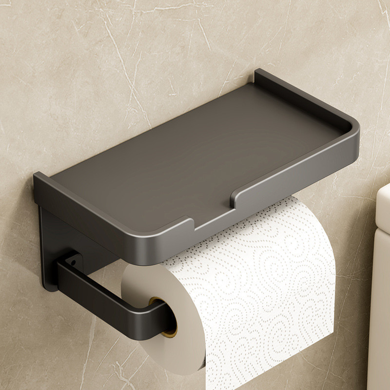 Suporte  Porta Papel Higienico Preto e Suporte para Celular  Com Adesivo