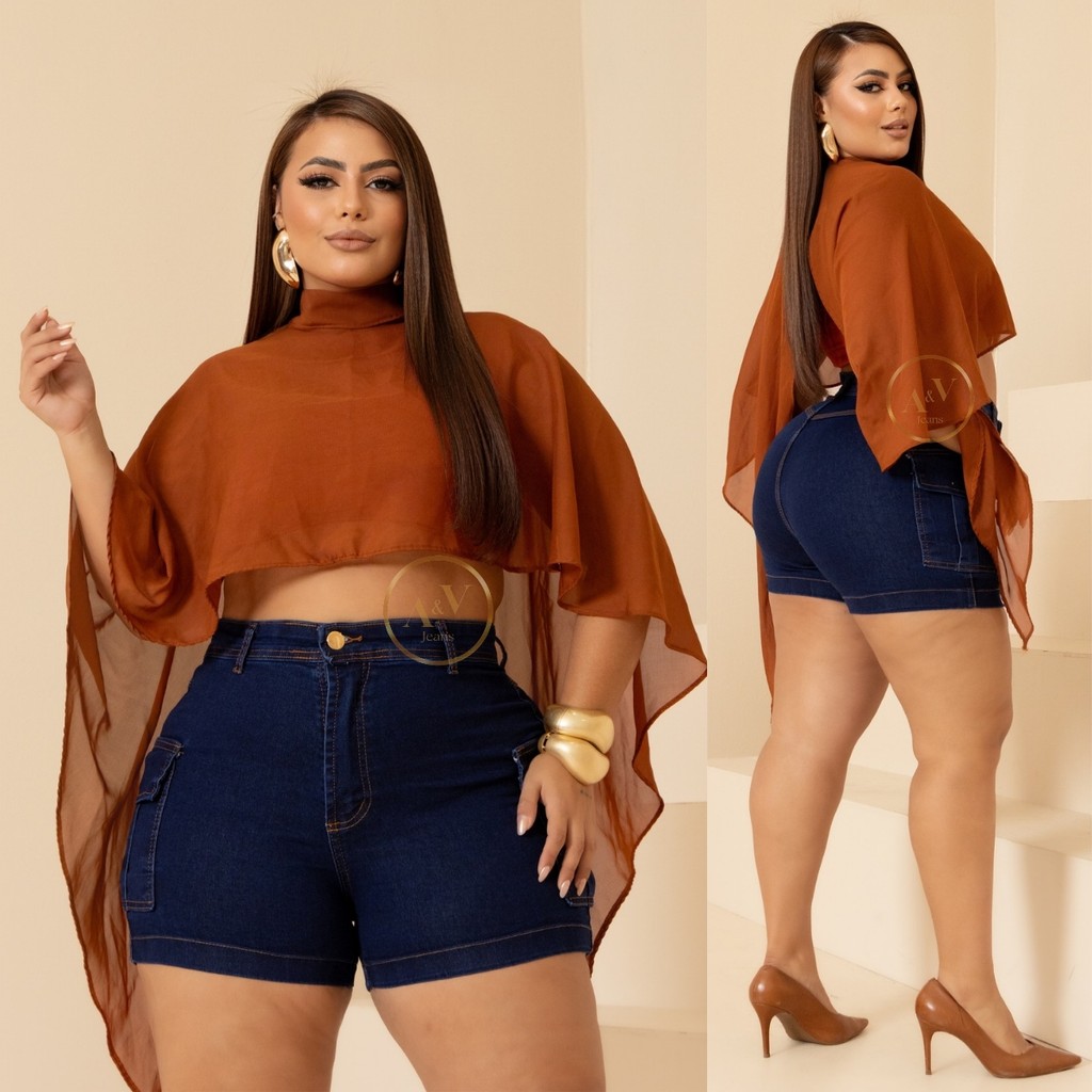 Short Cargo Jeans Feminino Plus Size Com Lycra Cintura Alta