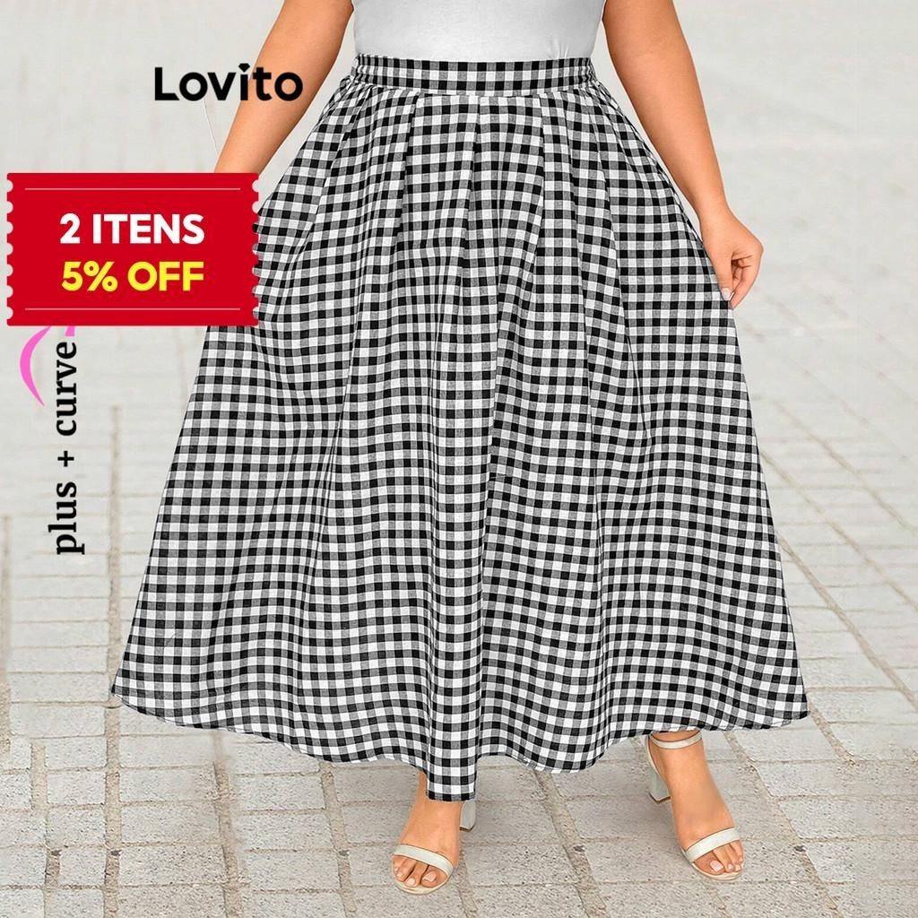 (Trendy) Lovito Plus Size Curve Casual Saias Xadrez para Mulheres LBL19835 - Women Clothes