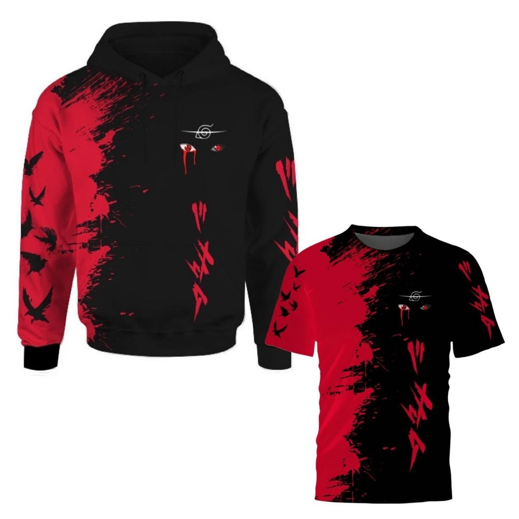 Kit Moletom Estampado + Camiseta 3D Itachi Naruto Mangá Anime Capuz Bolsos Laterais Poliester