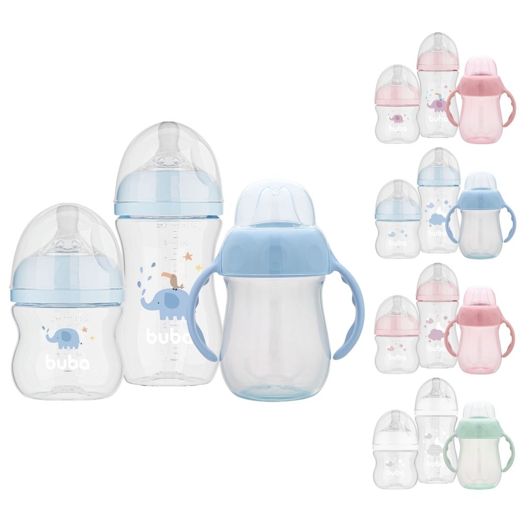 Kit 2 Mamadeiras Buba Easy Flow Anticólica 120ml 270ml e Copo de Treinamento com Alça Bico Silicone Buba 160ml