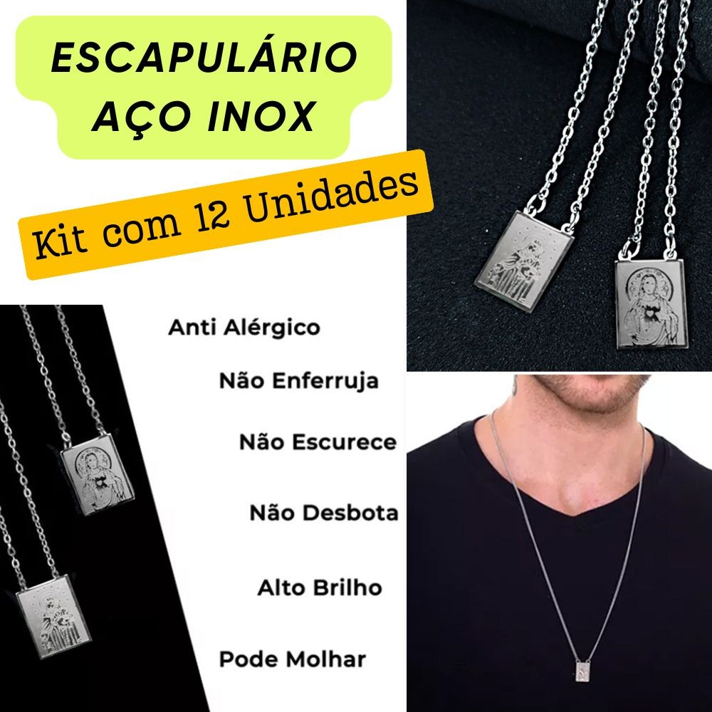 Corrente de Aço Inox Escapulário Nossa Senhora do Carmo Sagrado Coração de Jesus Kit com 12 Unidades