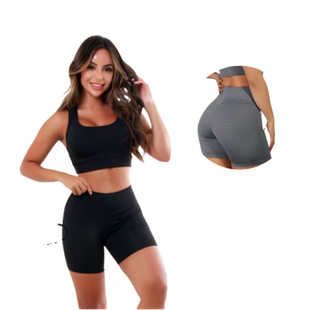 Kit de Academia Top + Shorts Legging Feminino Fitness Em Suplex Meia Coxa Cintura Alta