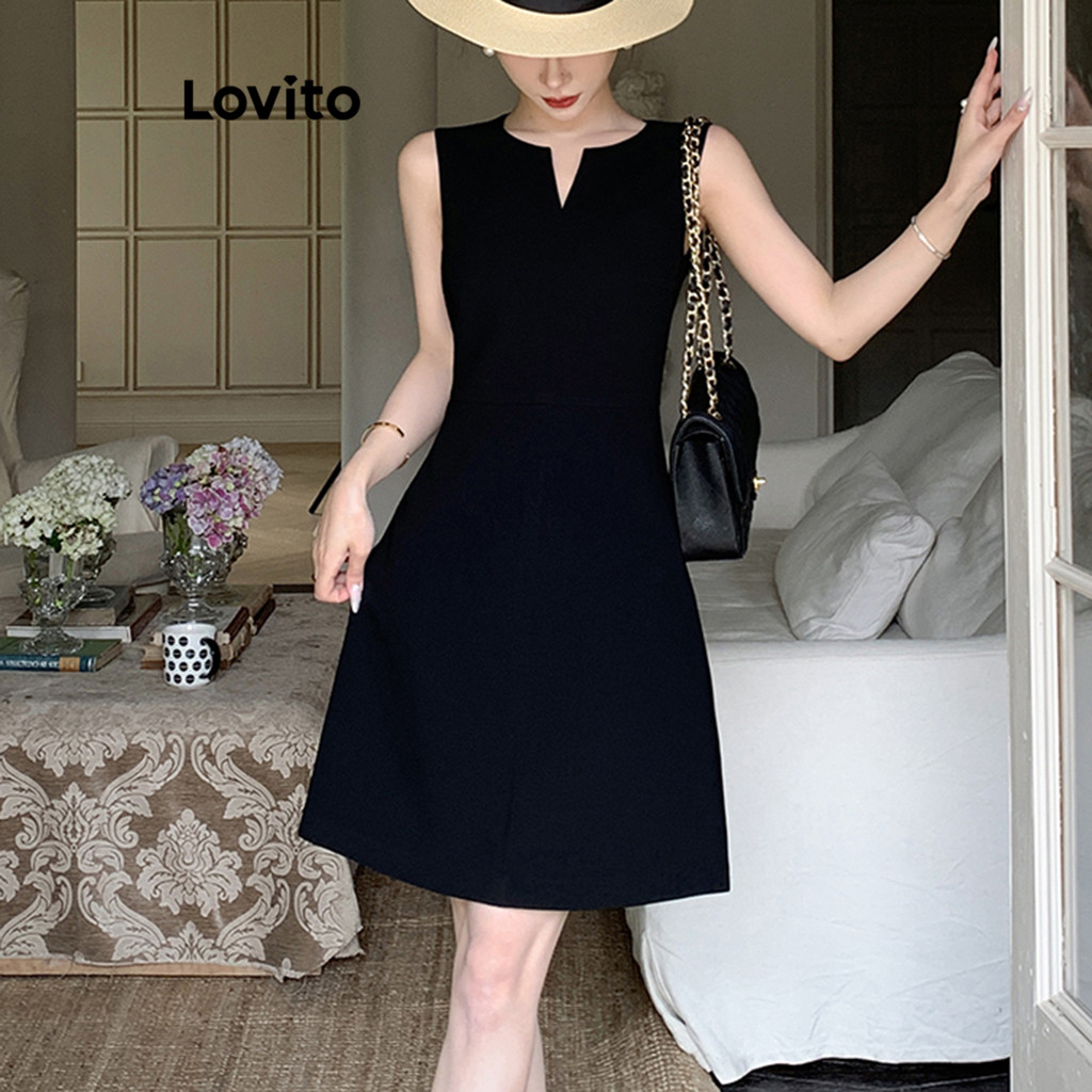 Detalhes do Lovito Vestido Elegante Vestido De Linha De Estrutura Lisa Para Mulheres L113MD409
