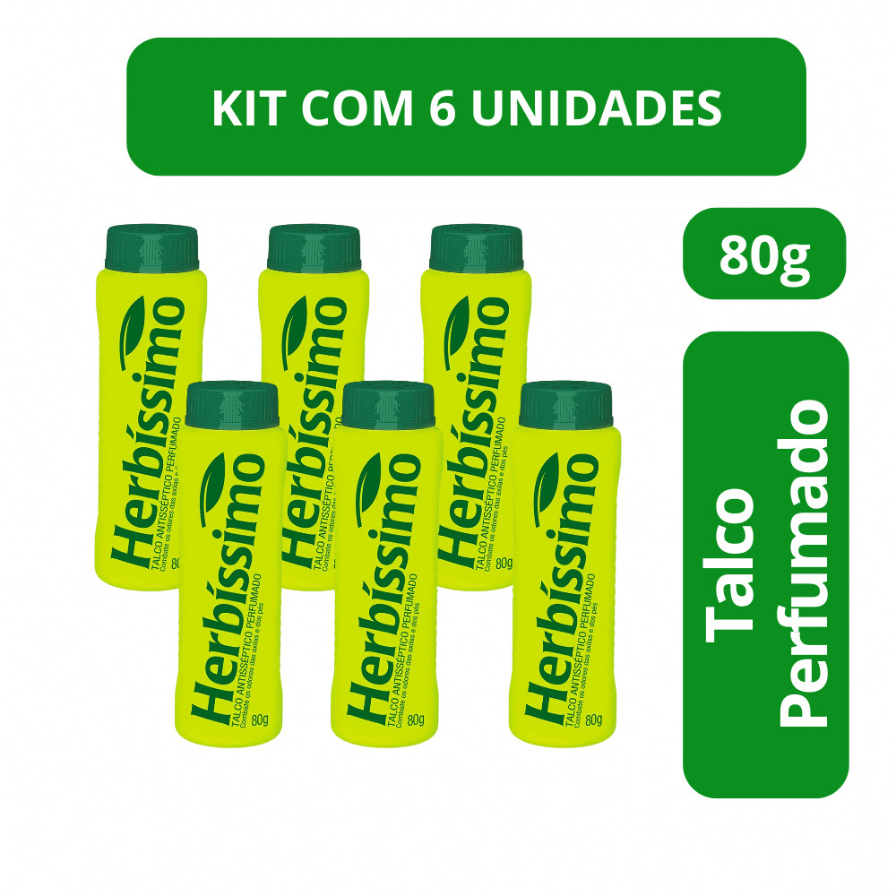 Talco Herbissimo Antisseptico Perfumado 80g Kit com 6 Unidades