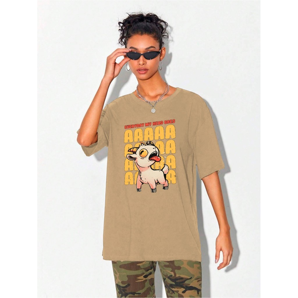 Camiseta StreetwearPalha Oversized Unissex Blusa Larga Skatista Desenho Animal Cabra Bordado Meme