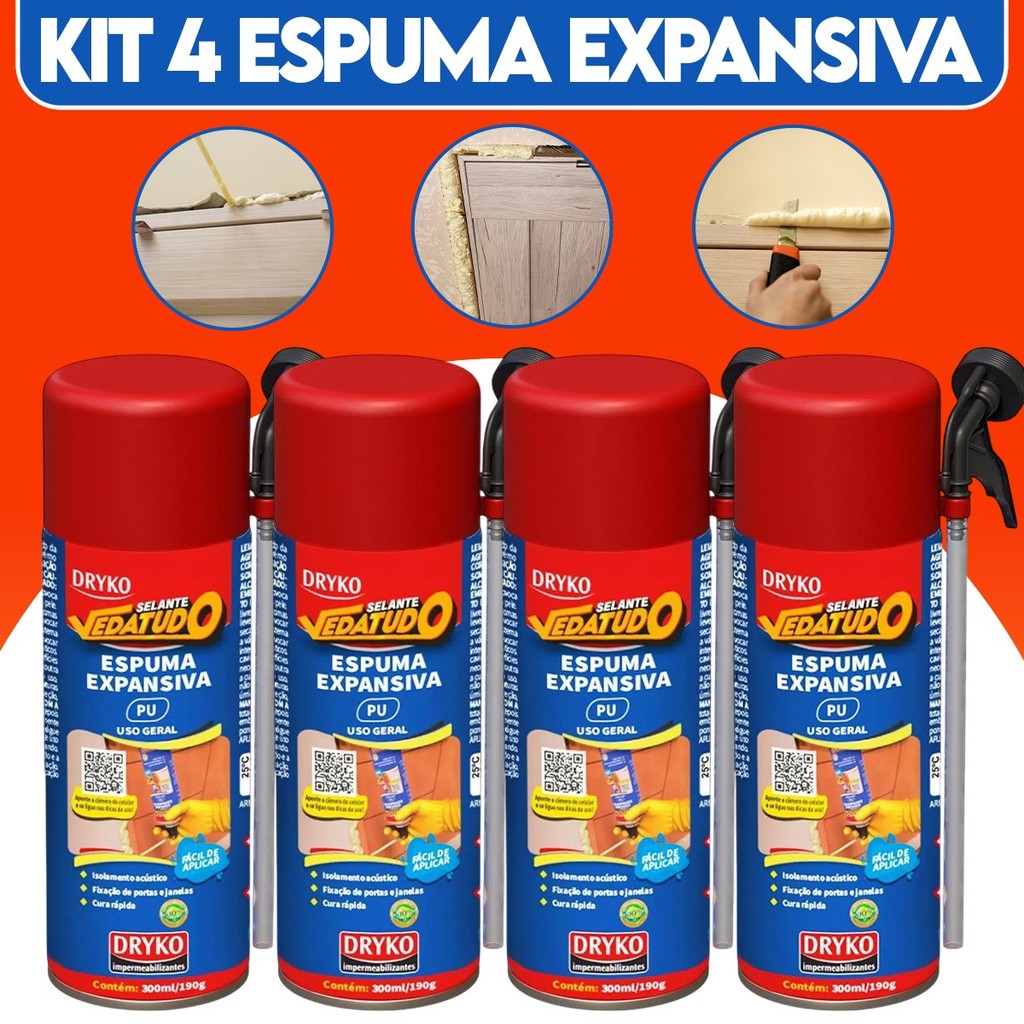 Kit C/4 Espuma Expansiva Poliuretano 300ml/190g Dryko