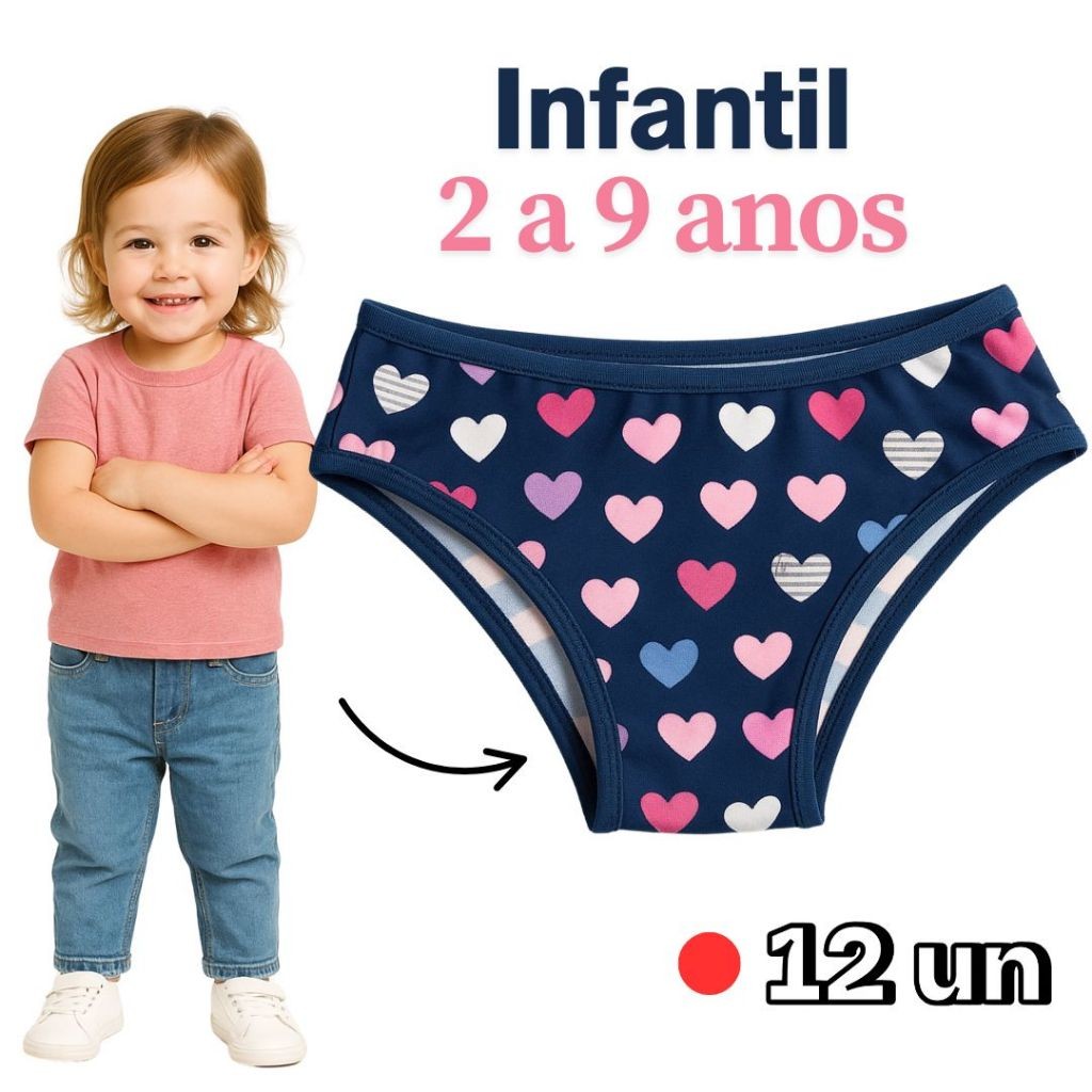 Kit 12 Calcinhas Infantis Para Meninas De 2 a 9 anos Forro 100% Algodão em Oferta na Shopee