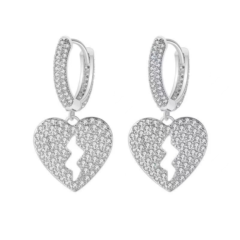 Brincos Personalizados De Coração Quebrado Completo De Diamante Micro-Incrustados Zircon Hip-Hop Masculinos