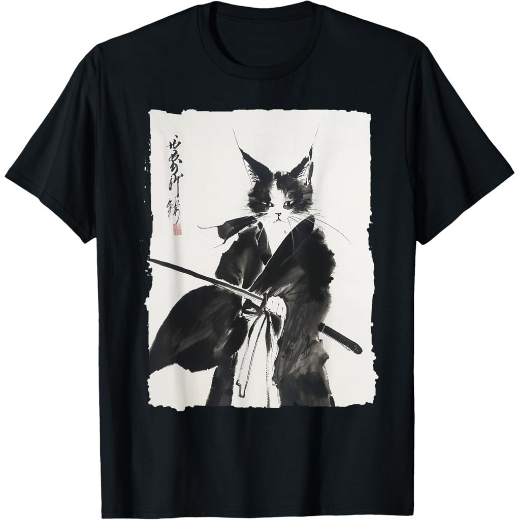 Camiseta Masculina Samurai Cat Tee: Vintage Ukiyo-e Warrior Art Graphic Cat Art T-Shirt 01