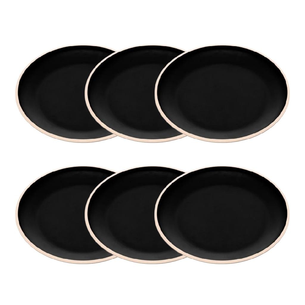 6 Pratos De Melamina Não Quebra Sobremesa Jantar De Dieta Resistente 22cm Preto Bolo