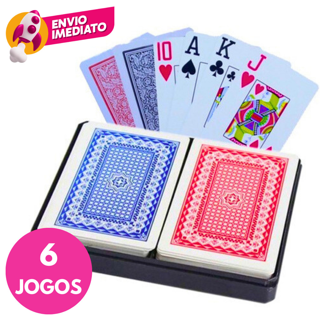 Kit 06 Jg. Baralho Duplo Profissional 108 Cartas 100% Plástico Com Estojo Resistente