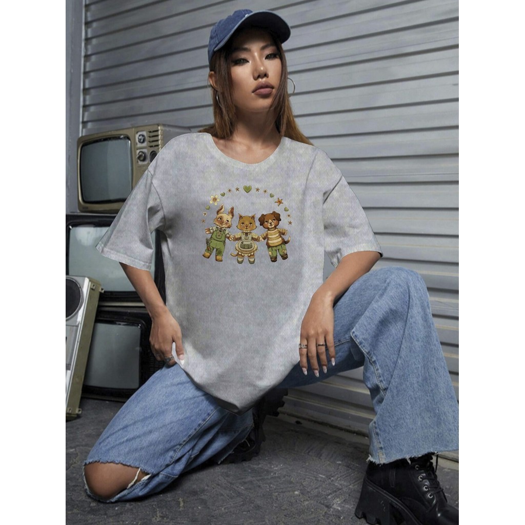 Camiseta Estilosa Casual Oversized Feminina Camisa Aesthetic Blusa Estampada Amizade Ursinhos 