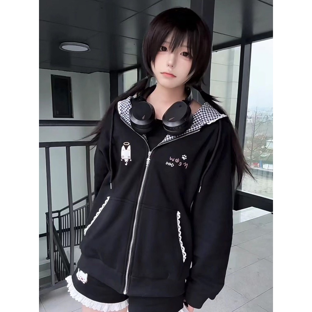 Mulheres Gato Orelha Bonito Hoodies Moda Mangas Compridas Zíper Cardigan — imagem 2 de 2