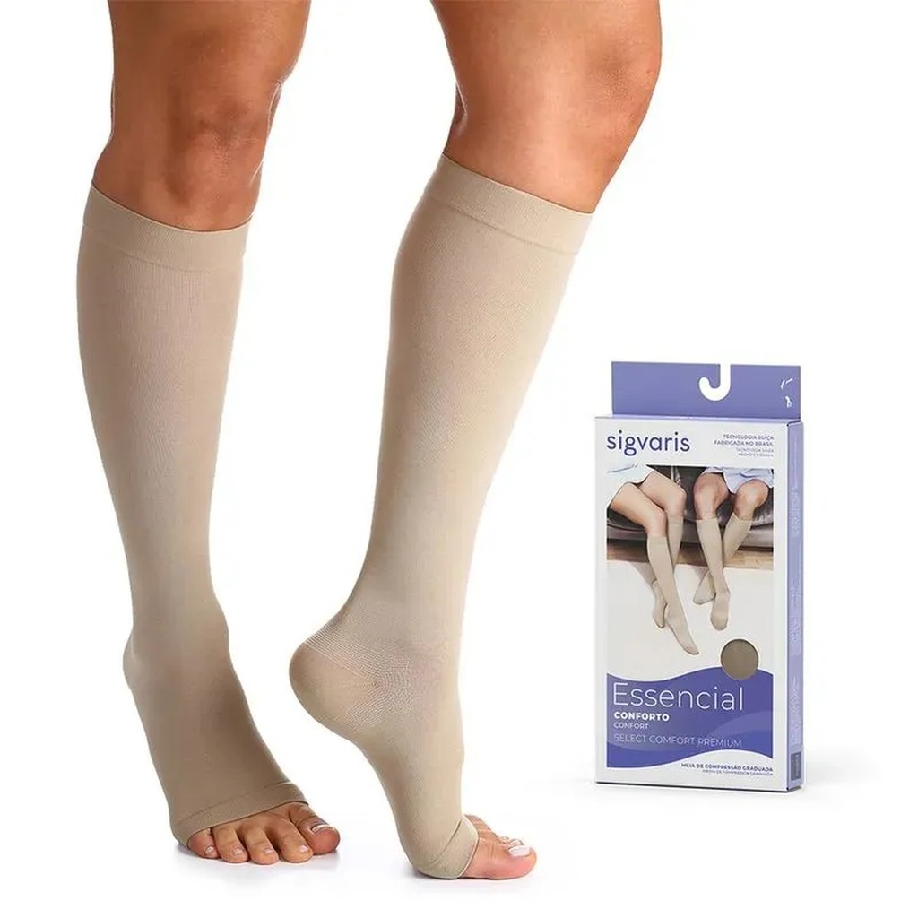 Sigvaris Essencial Conforto Meia de Compressão Panturrilha 3/4 Aberta Natural Escuro