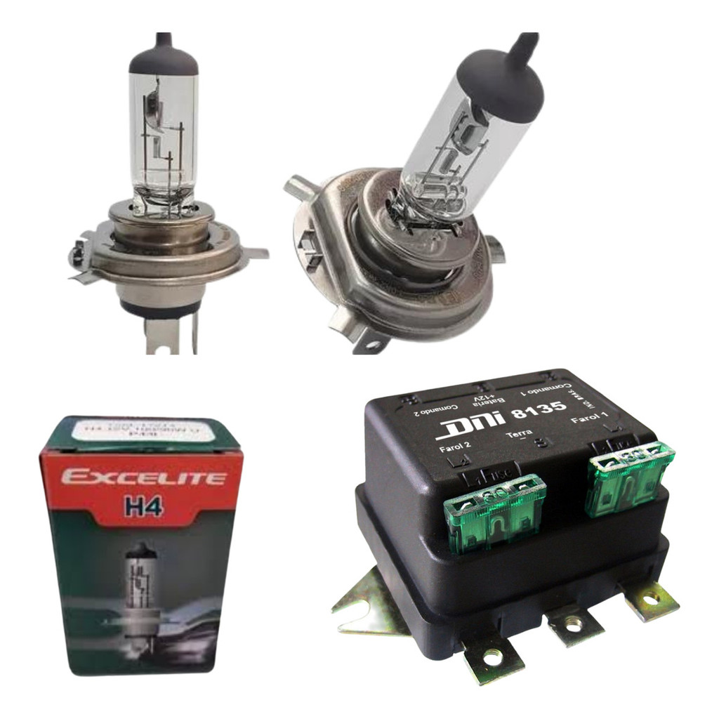 Par Lâmpada Farol H4 100/90w 12v + Relê Duplo Farol 12v