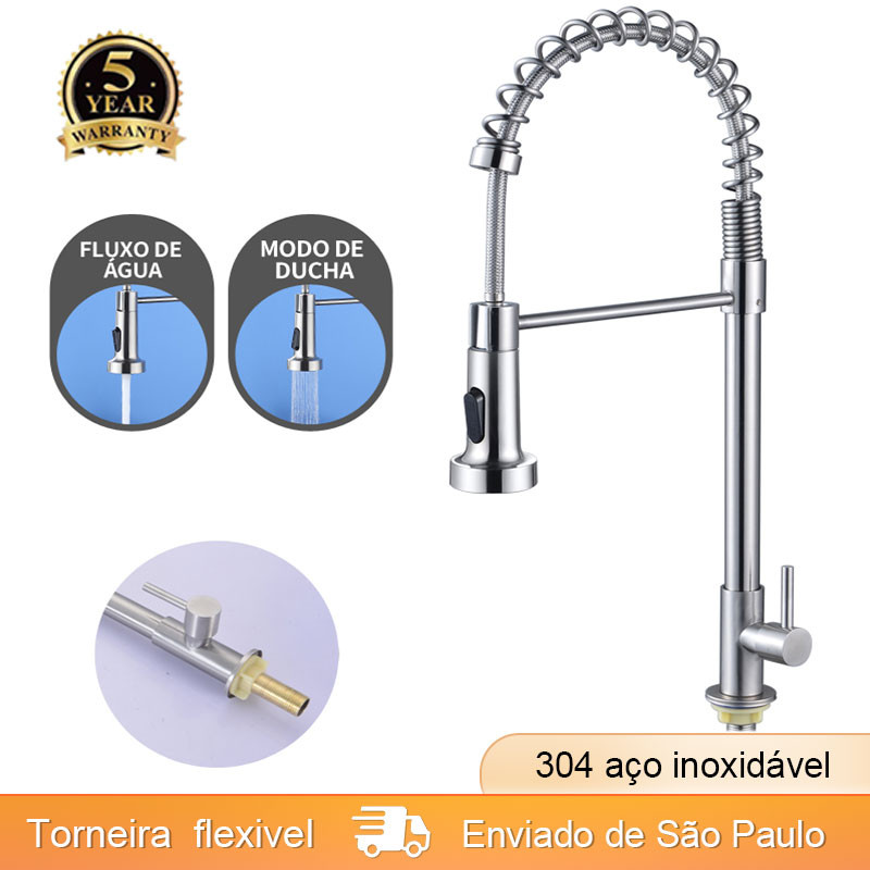 Torneira Cozinha Gourmet Inox Escovado Monocomando Com Spray Extensor Luxo água