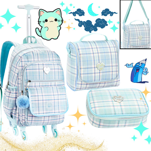 KIT MOCHILA RODINHA 360 COM LANCHEIRA E ESTOJO FEMININA BORDADO XADREZ COM BRILHO SUAVE POMPOM PASSEIO VERDE PASTEL em Oferta na Shopee