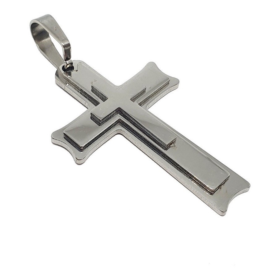 Pingente Crucifixo Cruz Grande Em Alto Relevo Aço Inox Prata
