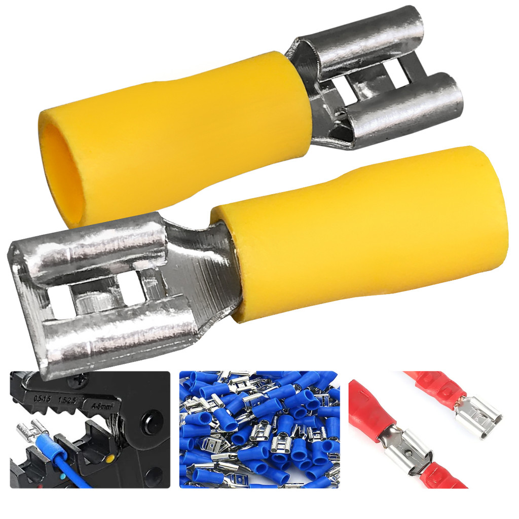 Kit 100 Terminal Femea Pre isolado Faston 4mm Até 6mm Amarelo Conector Eletrico para Cabos e Fios