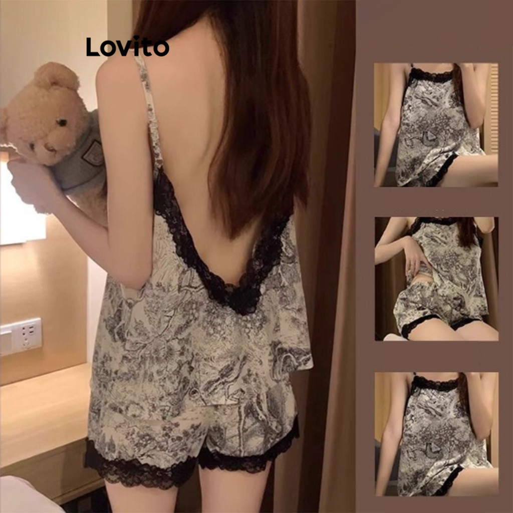 Lovito Conjuntos de pijama casual de renda floral sem costas para mulheres LNE68171 - Women Clothes